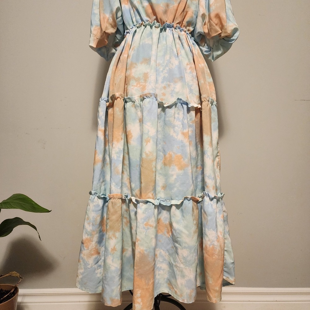 Tie Dye Tiered Maxi Dress Puff Sleeve Blue Orange Boho Size Medium - Picture 3 of 9